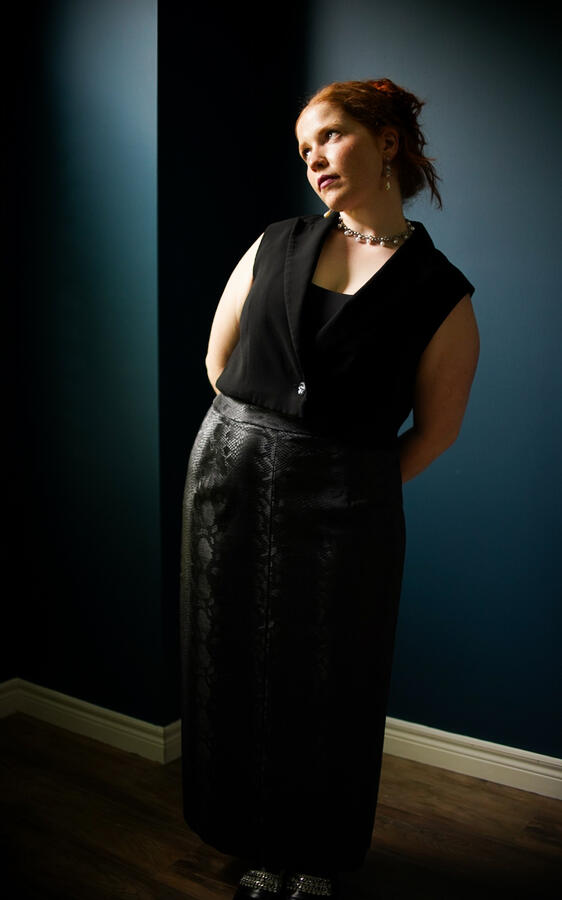 Upcycled vest, and custom, handmade pencil skirt.